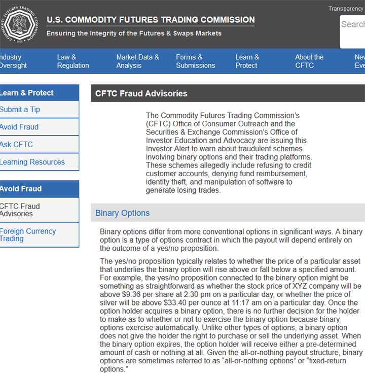 CTFC statemment on Binary Options Fraud